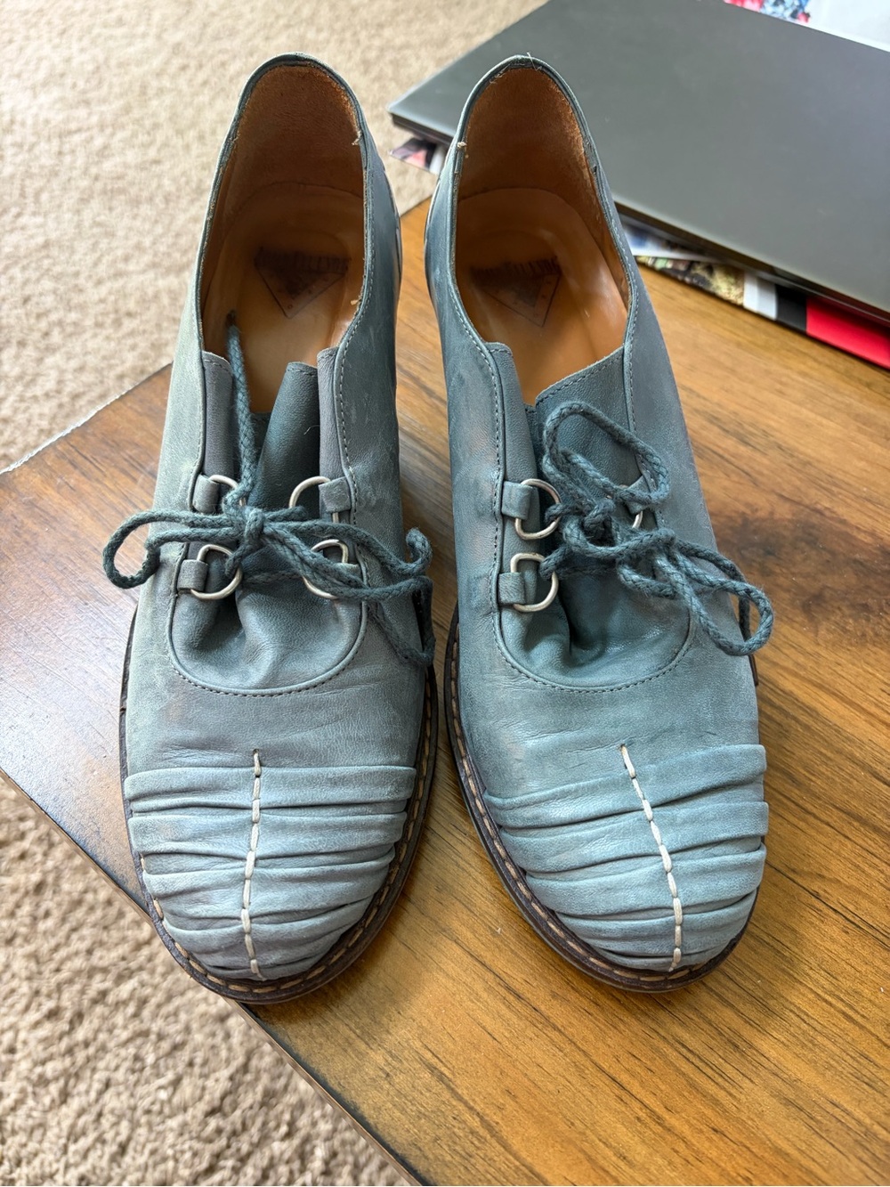 John Fluevog Women's Teal Leather Lace-Up Heeled Shoes